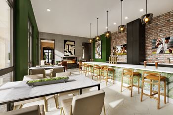 A modern restaurant with a long table and chairs, a bar area, and a brick wall with a menu board.